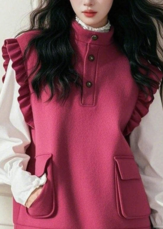Rose Stand Collar Ruffled Patchwork Cotton Vest Top Sleeveless