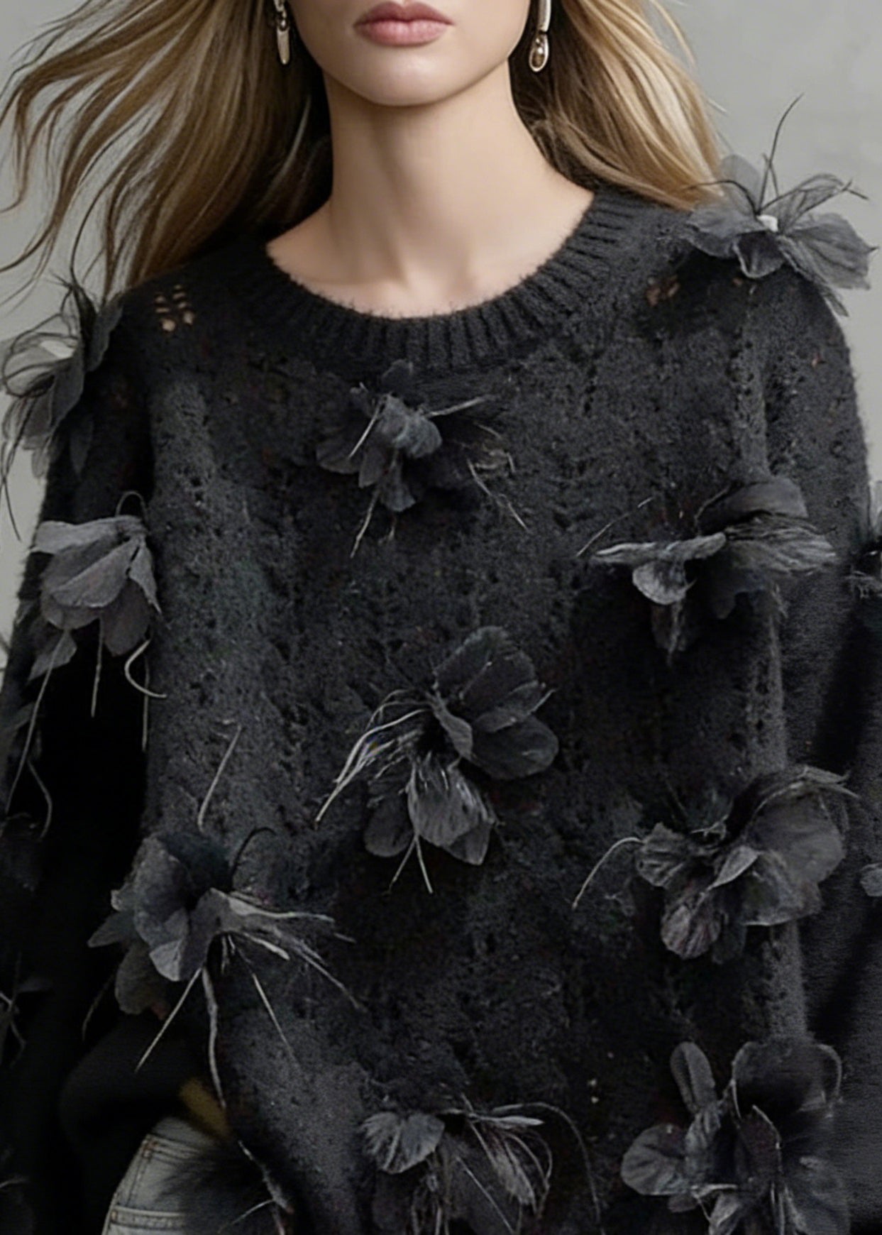 Black O-neck Hollow Out Knit Sweaters