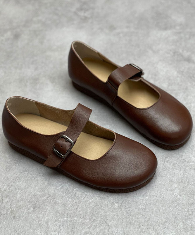 Chocolate Cowhide Leather Flat Shoes for Buckle Strap Flat Shoes for