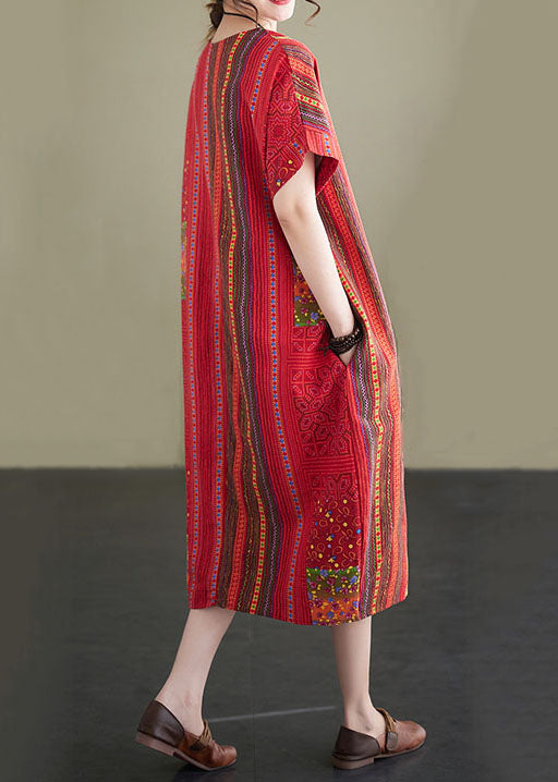 Red O Neck Print Patchwork Linen Mid Dresses Summer