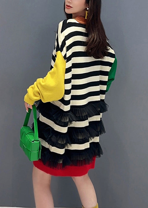 Striped O Neck Tulle Patchwork Cotton Knit Mid Dress Fall