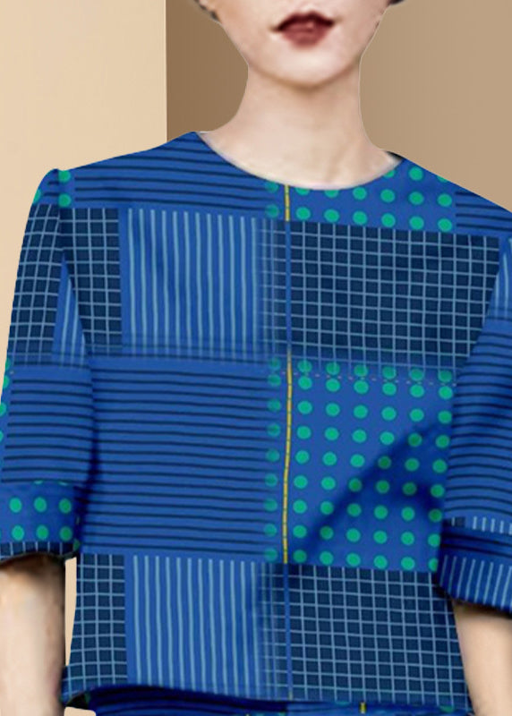 Original Design Blue O-neck Print Cotton Two Piece Set Clothing Summer