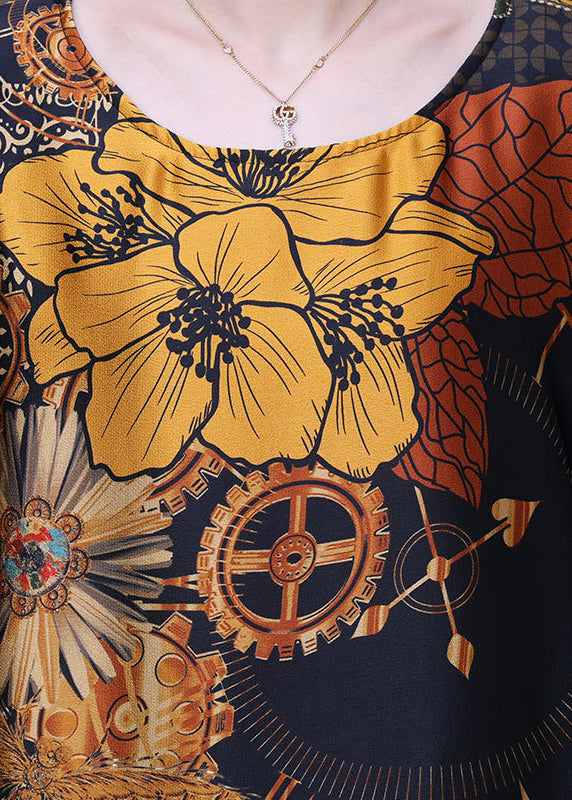 Yellow O-neck Asymmetrical Print Fake Two Pieces Silk Maxi Dress Long Sleeve