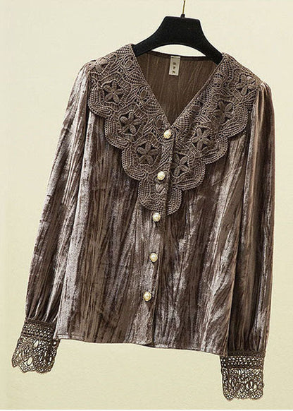 Diy Chocolate V Neck Lace Patchwork Silk Velour Shirt Long Sleeve