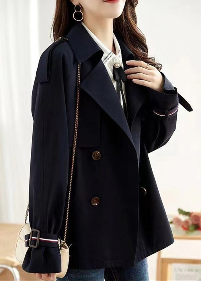 Navy Double Breast Pockets Patchwork Cotton Coats Fall
