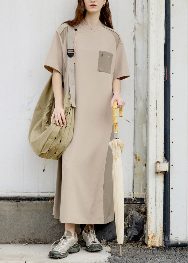 Khaki Stand Collar Pockets Patchwork Cotton Dress Summer