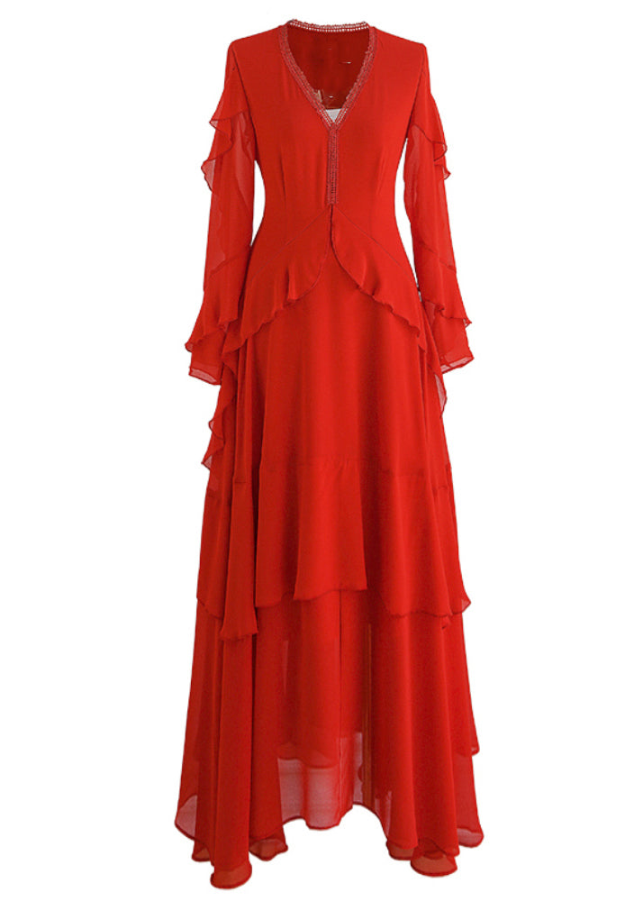 Red V Neck Ruffled Asymmetrical Patchwork Silk Dress Spring
