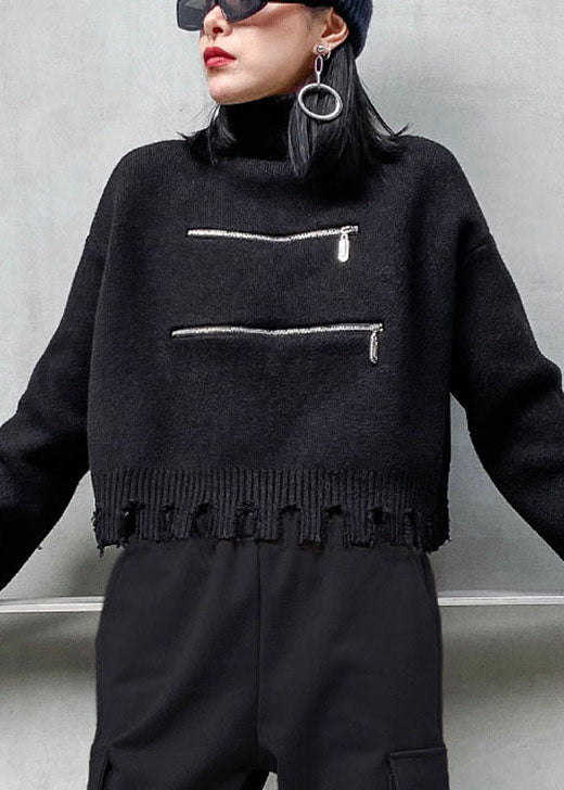 Black Zippered Tasseled Fall Sweater