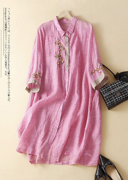 Pink Embroideried Patchwork Linen Shirt Dress Summer