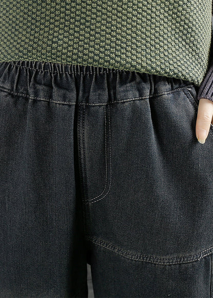 Blue Pockets Patchwork Elastic Waist Warm Fleece Denim Pants Fall