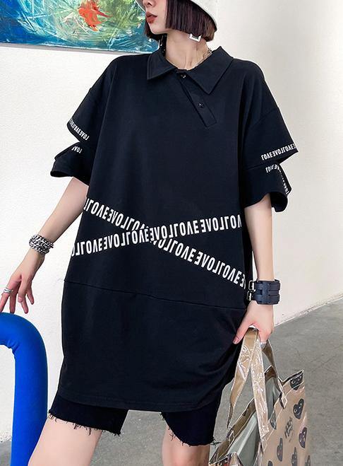 Black Asymmetrical Design Graphic Cotton Summer Holiday Dress