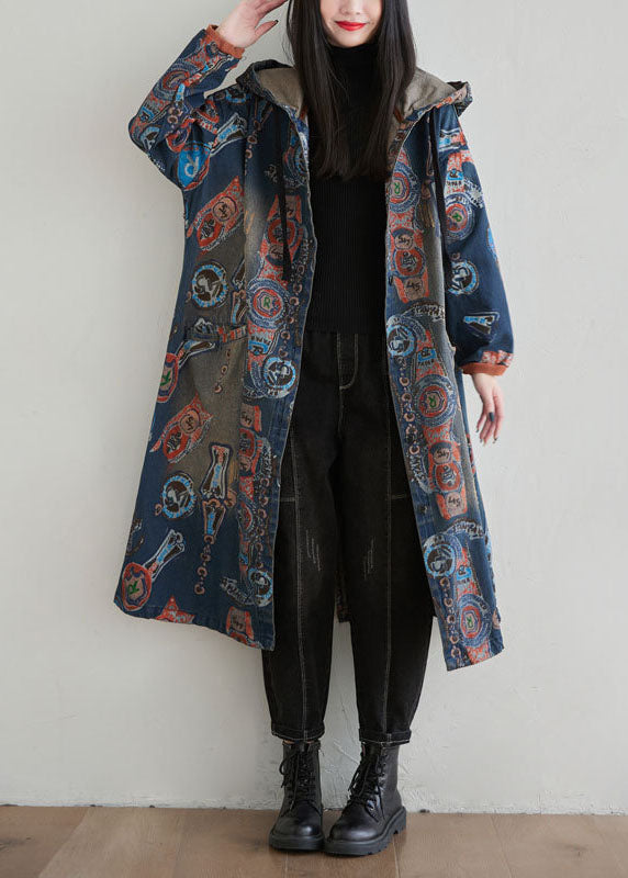 Navy Hooded Patchwork Print Denim Cardigan Spring