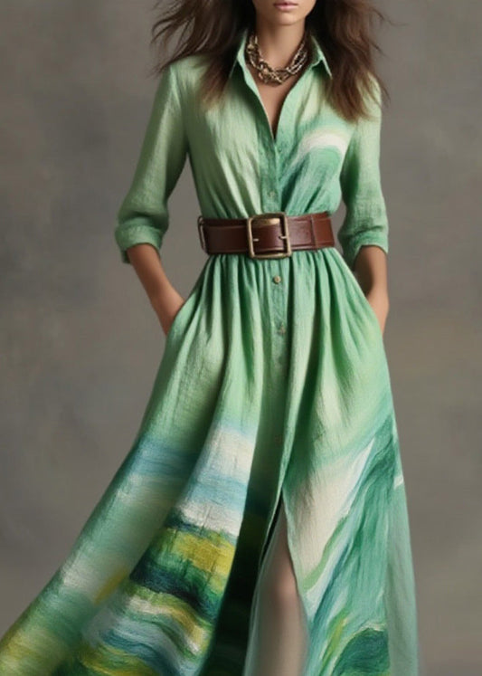 Loose Green Peter Pan Collar Print Cotton Long Dress Spring