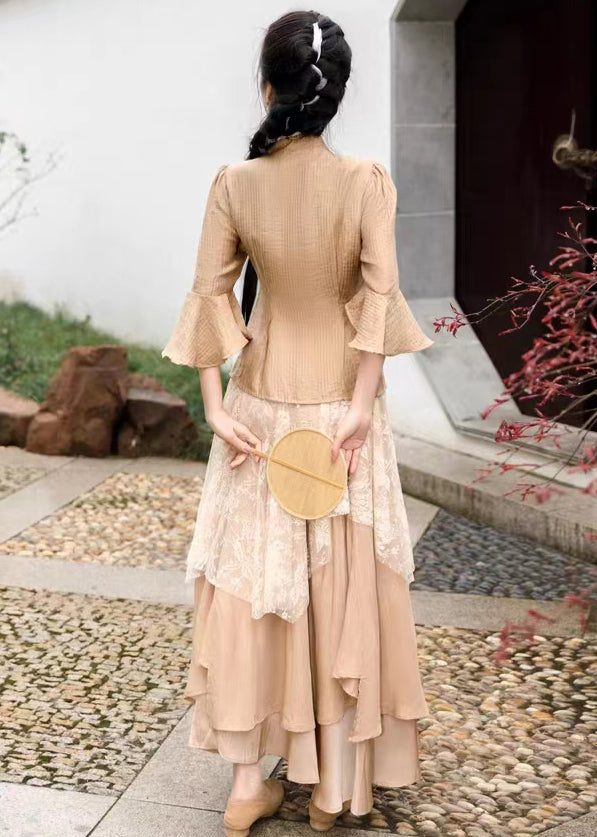 Khaki Ruffled Lace Patchwork Tops and Skirts Chiffon Two Pieces Set Summer