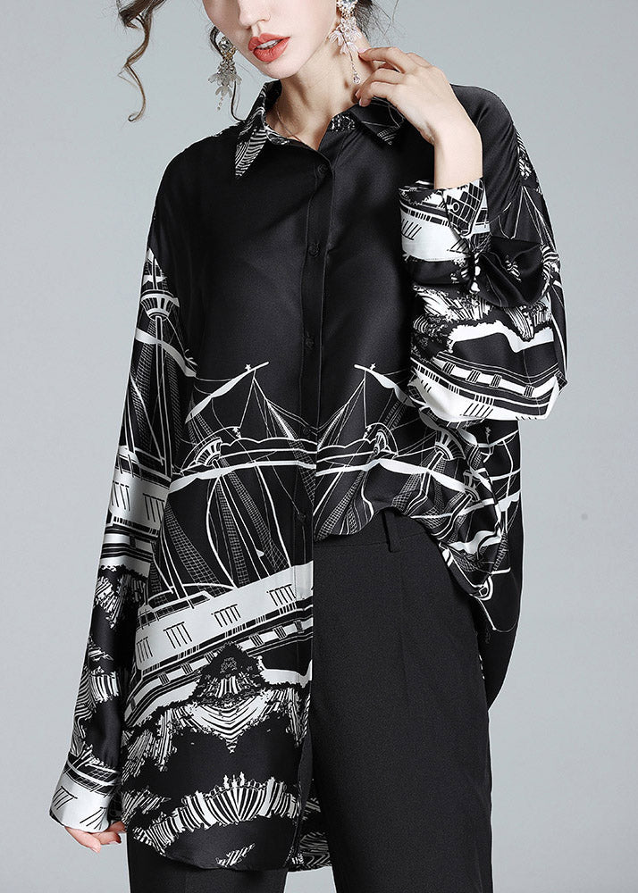 Black Peter Pan Collar Print Button Silk Shirt Long Sleeve