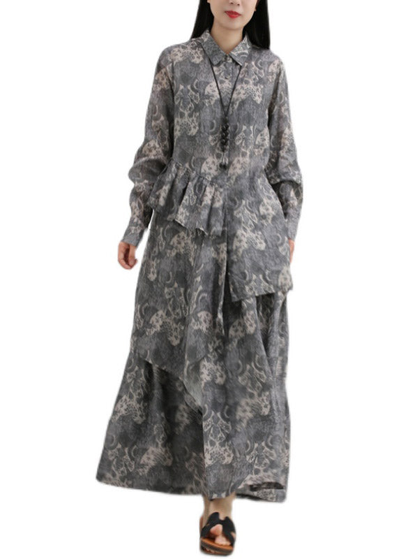 Boutique Grey Peter Pan Collar Print Shirts and Skirts Linen Two Pieces Set Spring