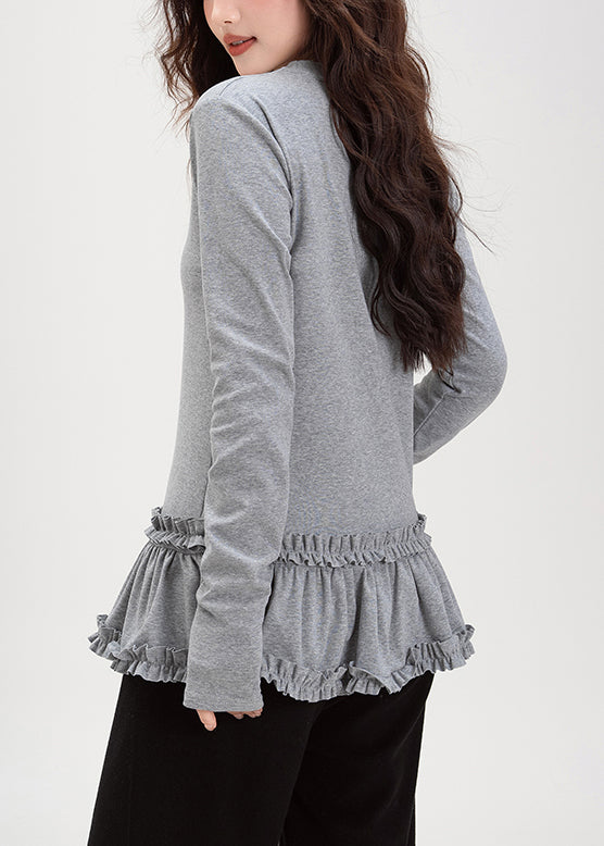 Grey Ruffled Cotton T Shirt Tops O Neck