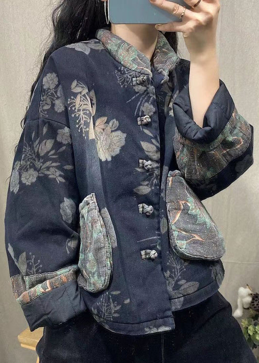 Navy Pockets Print Fine Cotton Filled Denim Jacket Spring
