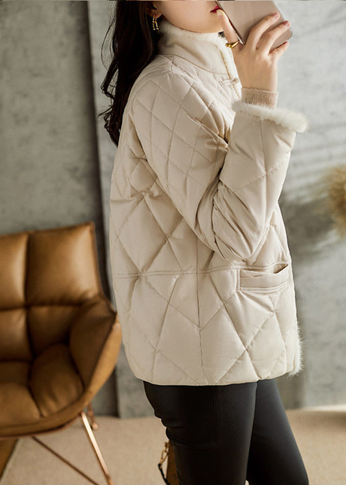 White Stand Collar Button Pockets Sheepskin Down Coat Long Sleeve