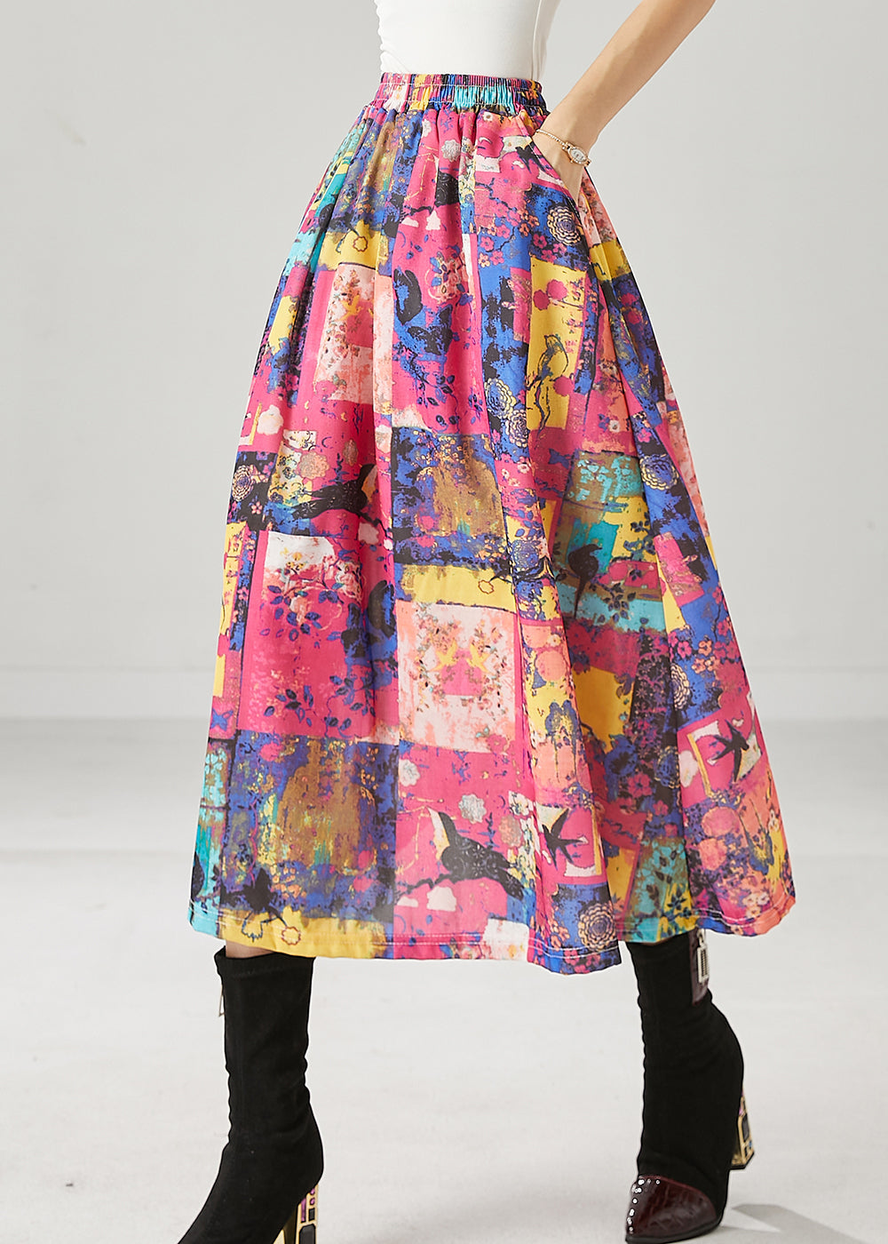 French Red Elastic Waist Print Cotton a Line Skirts Spring