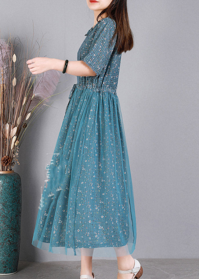 Style Blue Embroideried Ruffles Tulle Long Dresses Short Sleeve