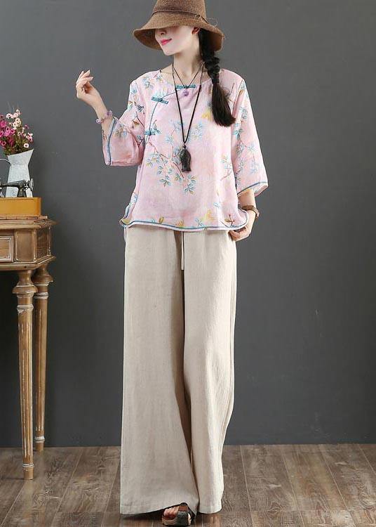 Pink Print Linen Oriental Summer Shirts