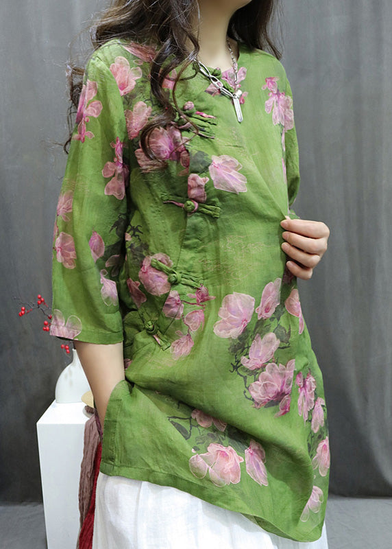 Handmade Pink O-neck Print Button Top Summer