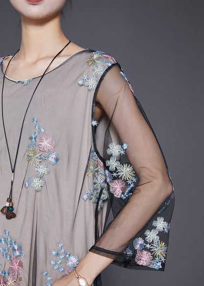 Grey Embroideried Hollow Out Tulle Maxi Dresses Fall