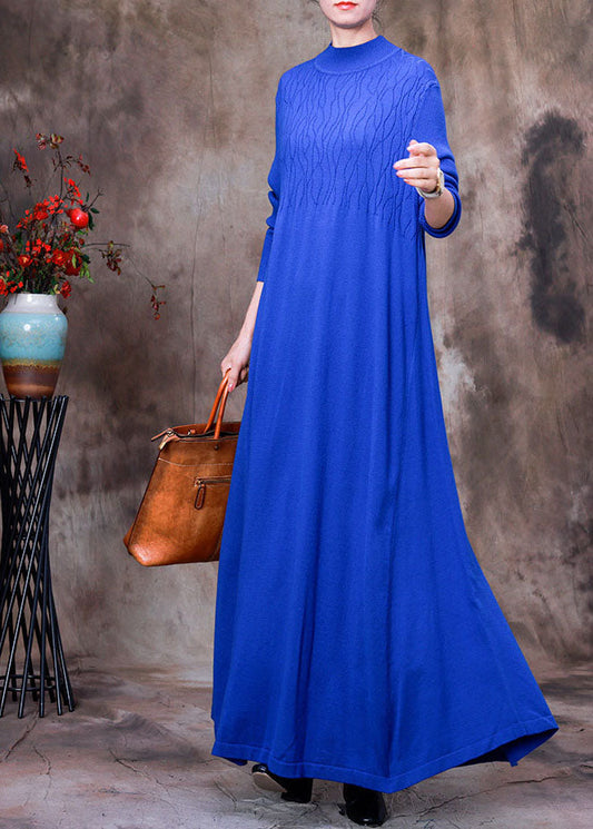 Handmade Blue Stand Collar Slim Fit Knit Long Dresses Spring
