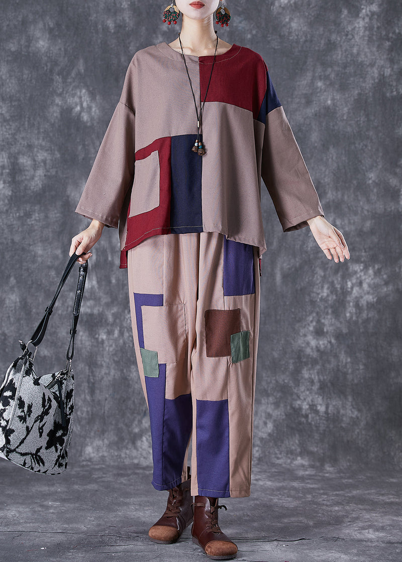 Coffee Patchwork Applique Cotton Two-piece Set Oversized Fall