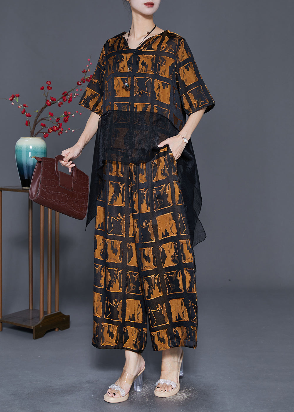 Brown Plaid Patchwork Silk Two Pieces Set Fall