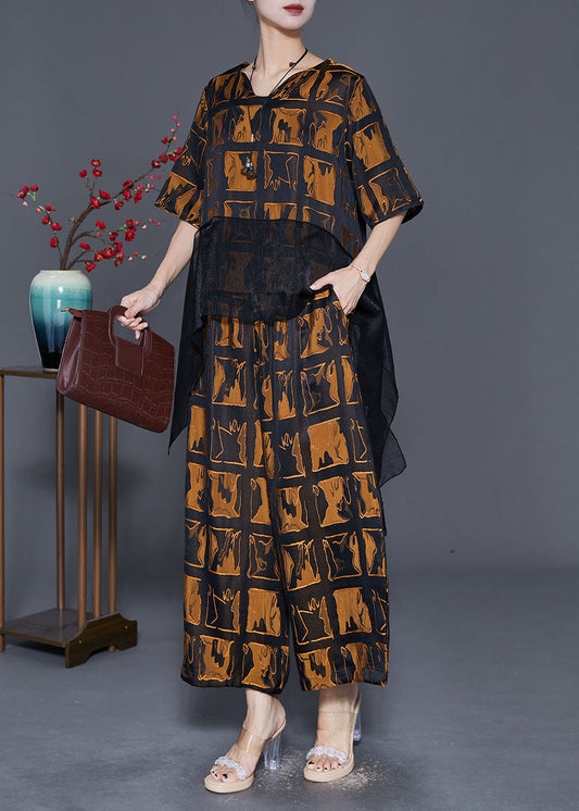 Brown Plaid Patchwork Silk Two Pieces Set Fall