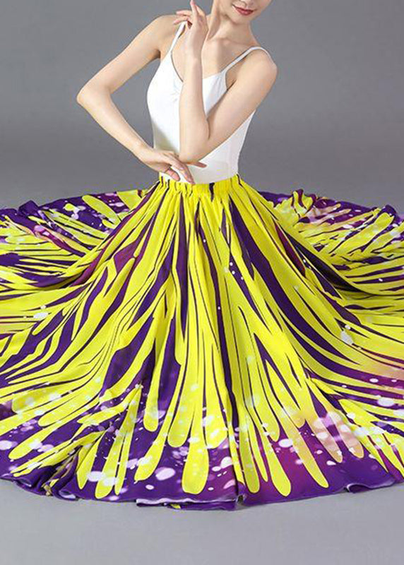 Yellow Striped Elastic Waist Chiffon a Line Skirts Summer