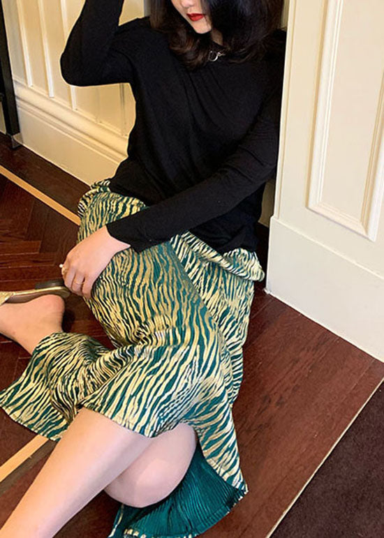 Green Wrinkled Striped Silk Skirt Summer