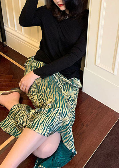 Green Wrinkled Striped Silk Skirt Summer