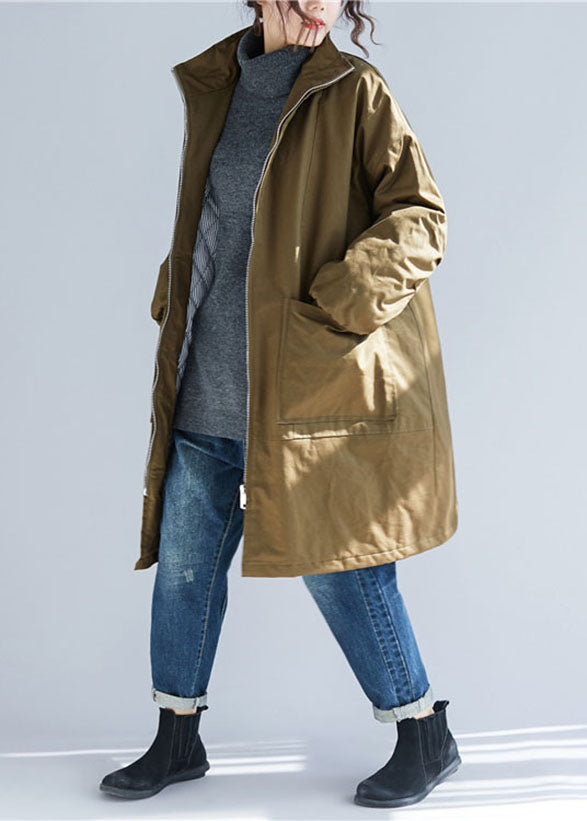 Army Green Stand Collar Pockets Parka Coats Long Sleeve