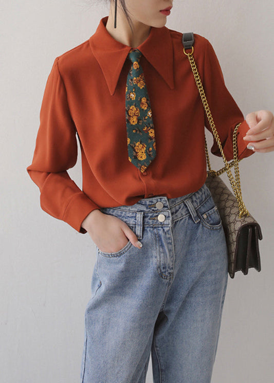 Italian Rust Button Chiffon Blouses Long Sleeve