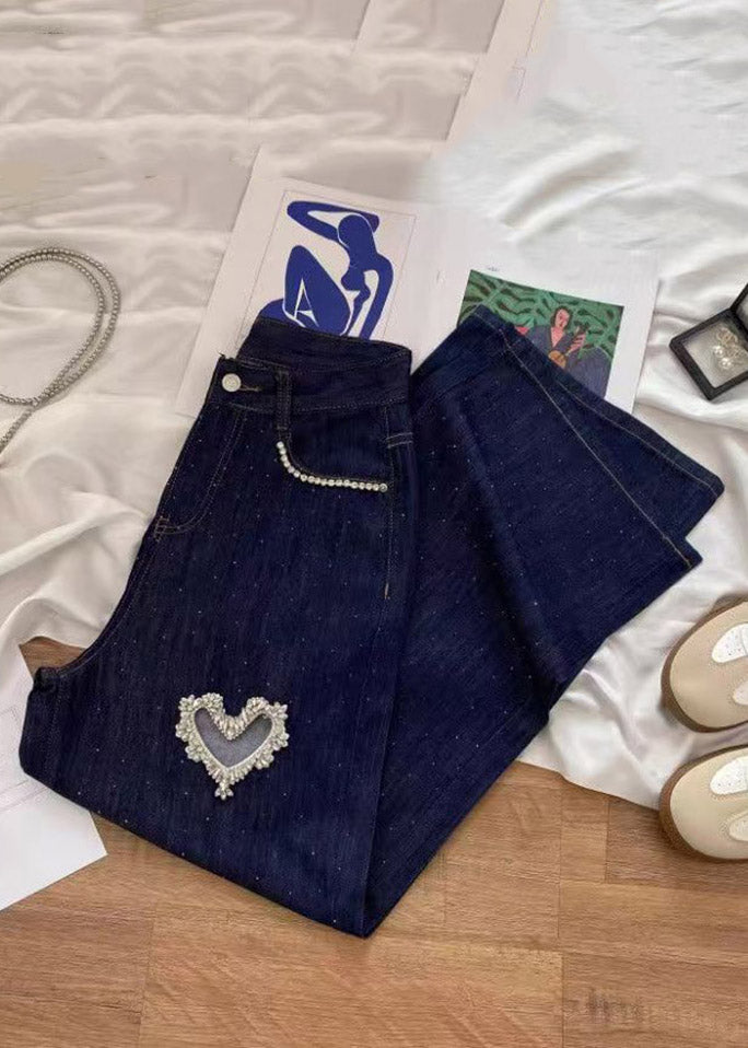 Denim Blue High Waist Patchwork Love Hole Wide Leg Jeans