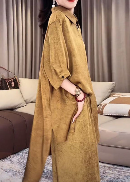 Loose Gold Peter Pan Collar Side Open Silk Two Pieces Set Half Sleeve