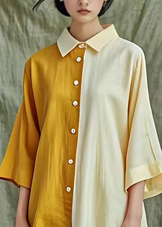 Yellow Asymmetrical Patchwork Button Maxi Shirts Fall