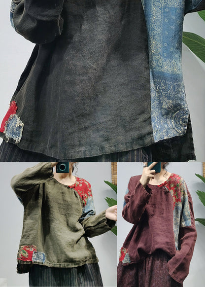 Fine Mulberry Side Open Patchwork Linen Blouses Long Sleeve
