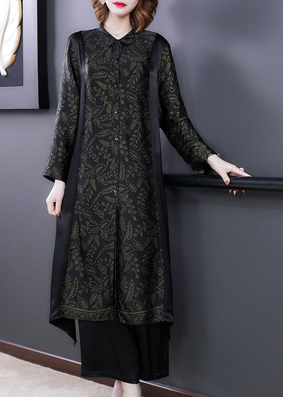 Black Print Button Silk Long Shirts and Wide Leg Pants Two Piece Set Long Sleeve