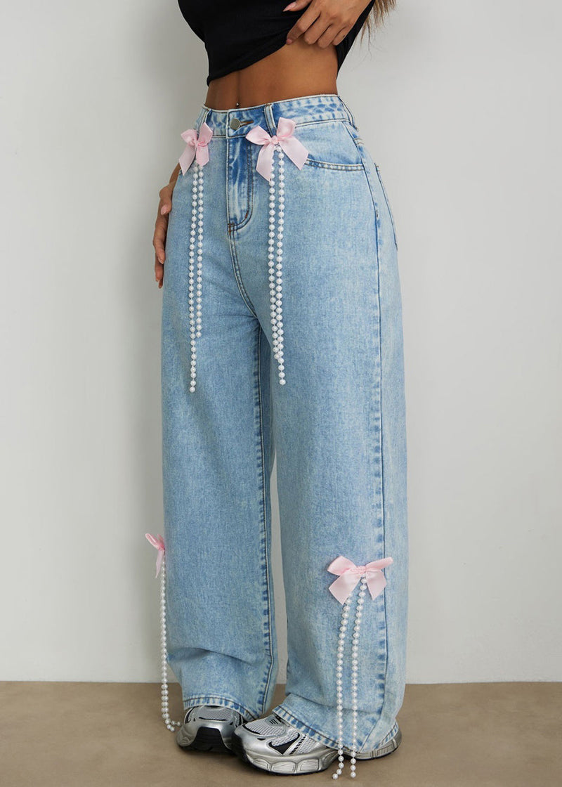 Blue High Waist Bow Pearl Tassel Wide Leg Jeans
