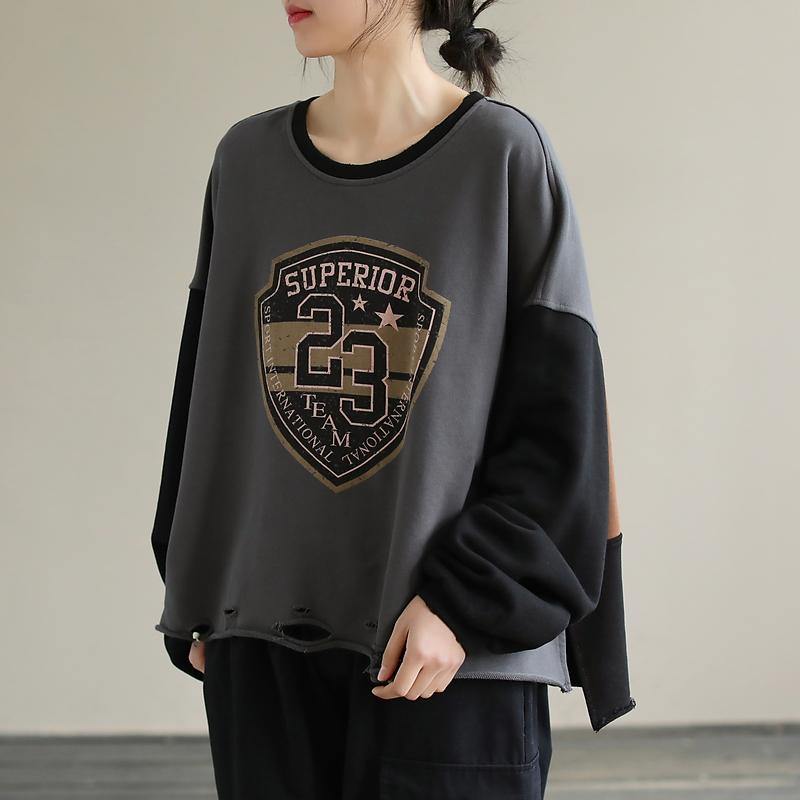 Gray Alphabet Prints Cotton Tunics for Patchwork Daily Spring Top