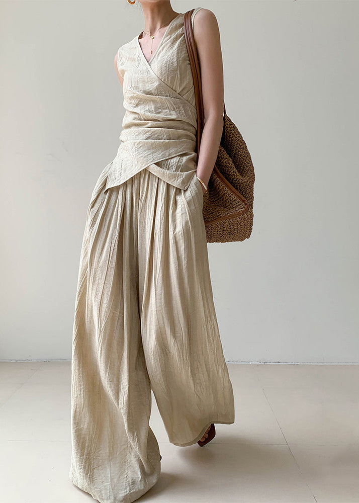 Brief V Neck Silk Linen Top and Wide Leg Pants Two Pieces Set Sleeveless Summer