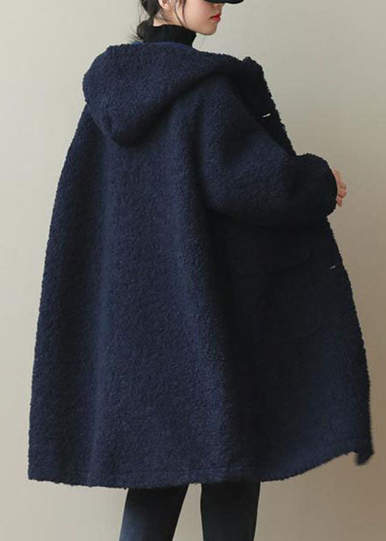 Blue Hooded Button Faux Fur Winter Coat