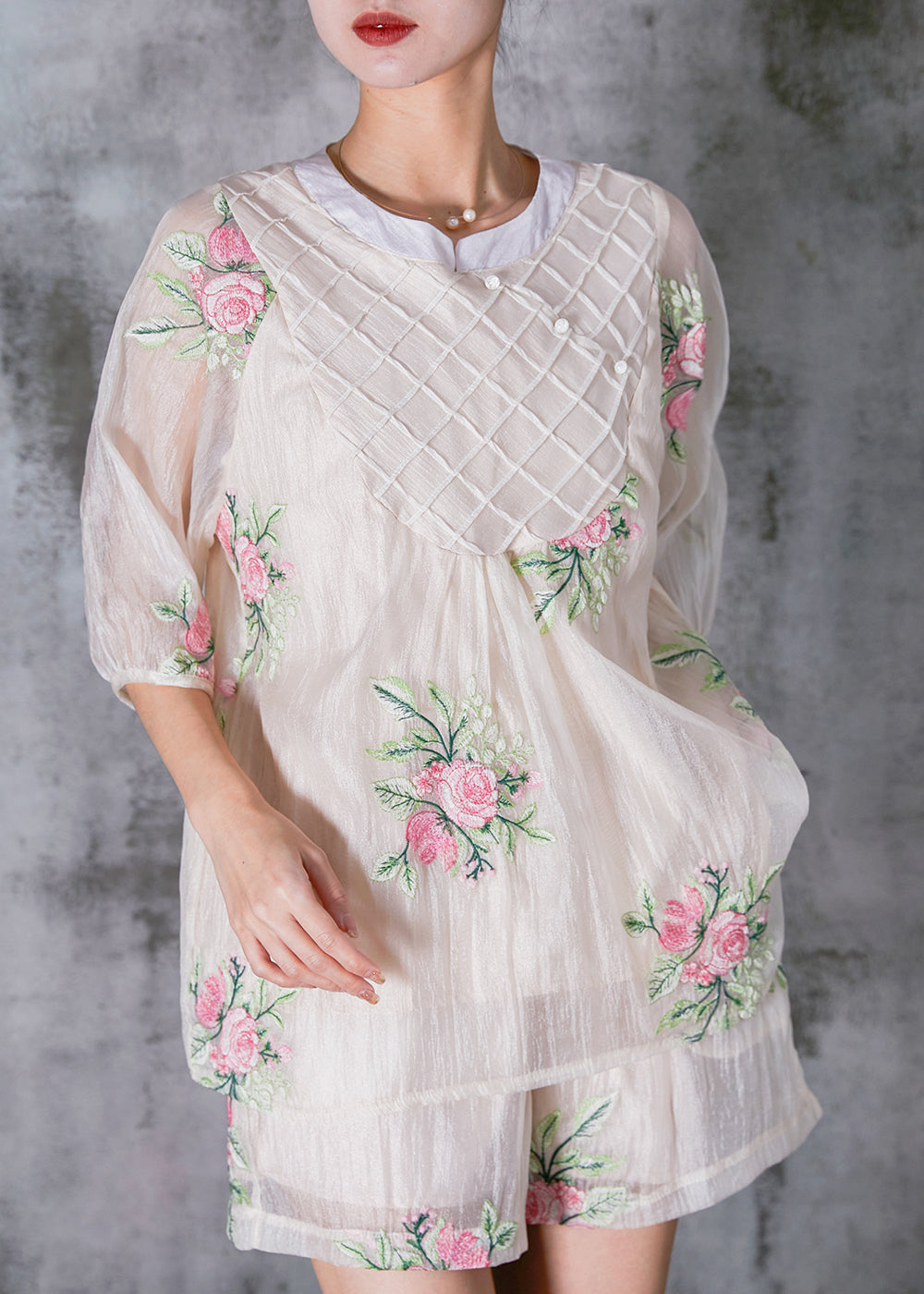 White Embroidered Silk Oriental Two Pieces Set Summer
