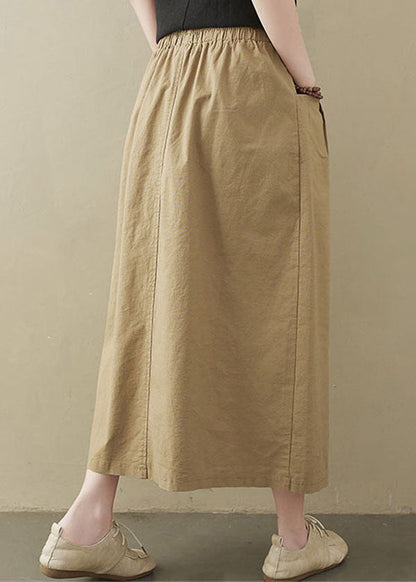 Style Khaki Elastic Waist Buttons Cotton a Line Skirt Summer