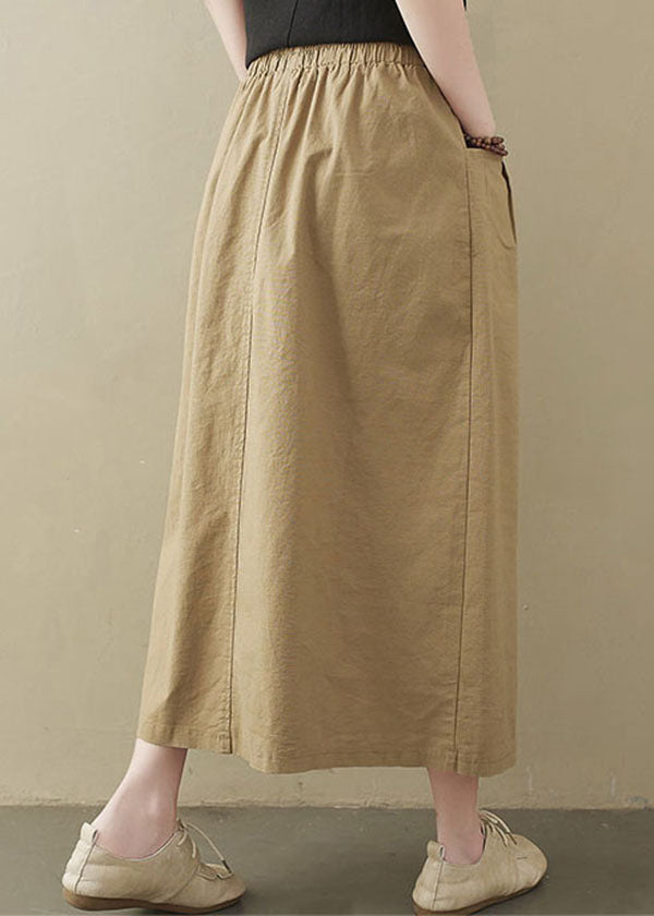 Style Khaki Elastic Waist Buttons Cotton a Line Skirt Summer