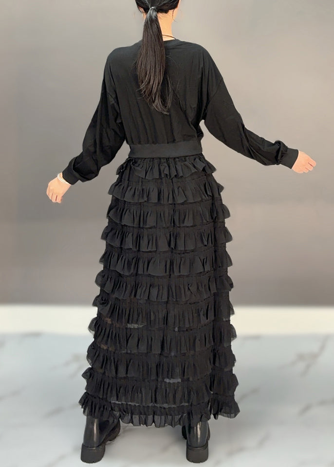 Loose Black O-neck Patchwork Chiffon Maxi Dresses Spring
